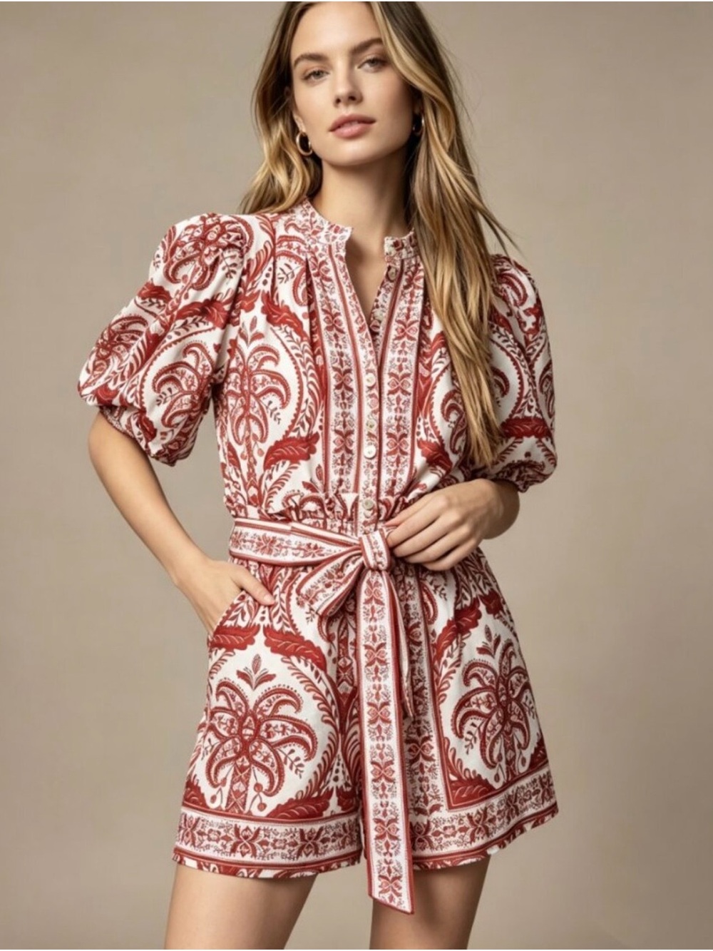 FARM Rio White and Rust Red Printed Mini Dress Romper